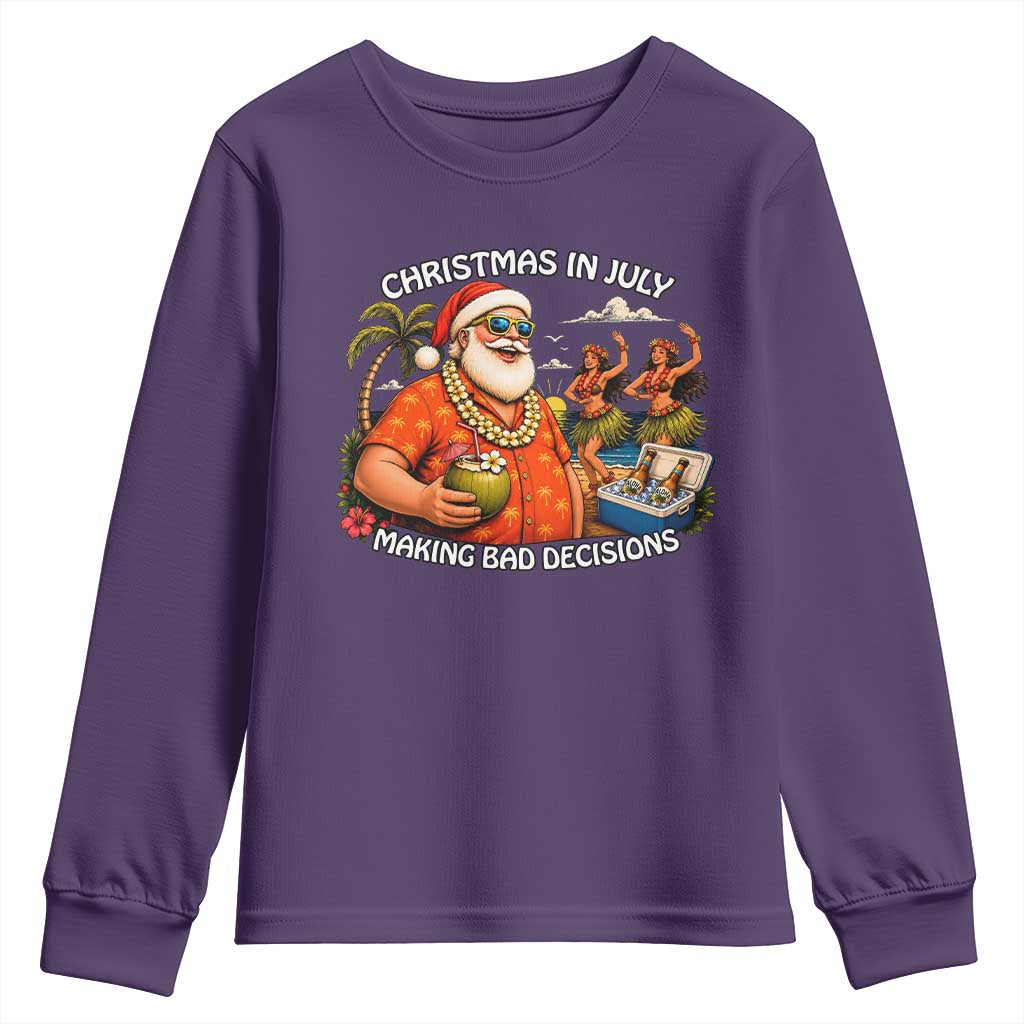 Funny Christmas in July Making Bad Decisions Youth Sweatshirt Tropical Santa Hawaiian Summer Holiday Party TS10 Purple Print Your Wear