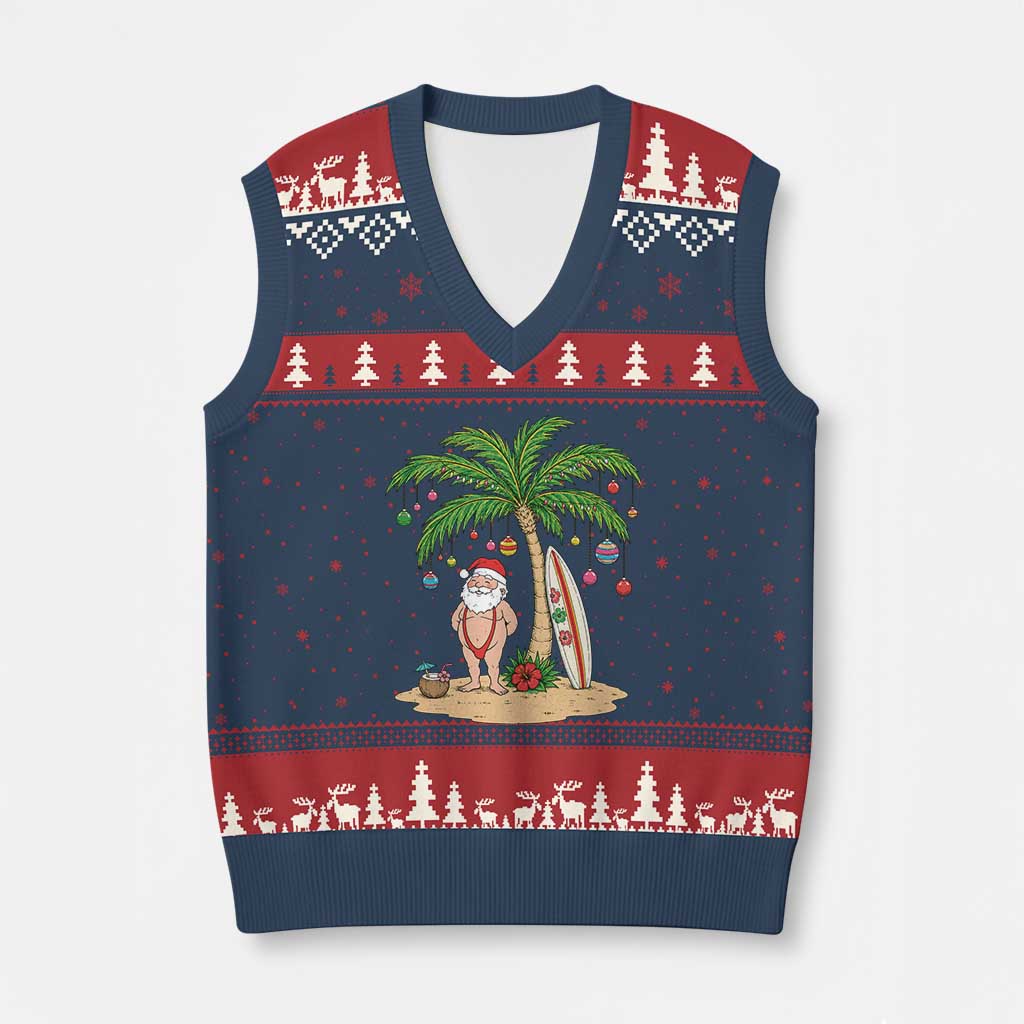 Funny Christmas In July Beach V-Neck Knit Sweater Vest Mankini Santa Summer Swimsuit Summer Holiday Vacation Graphic TS10 Navy Red Print Your Wear