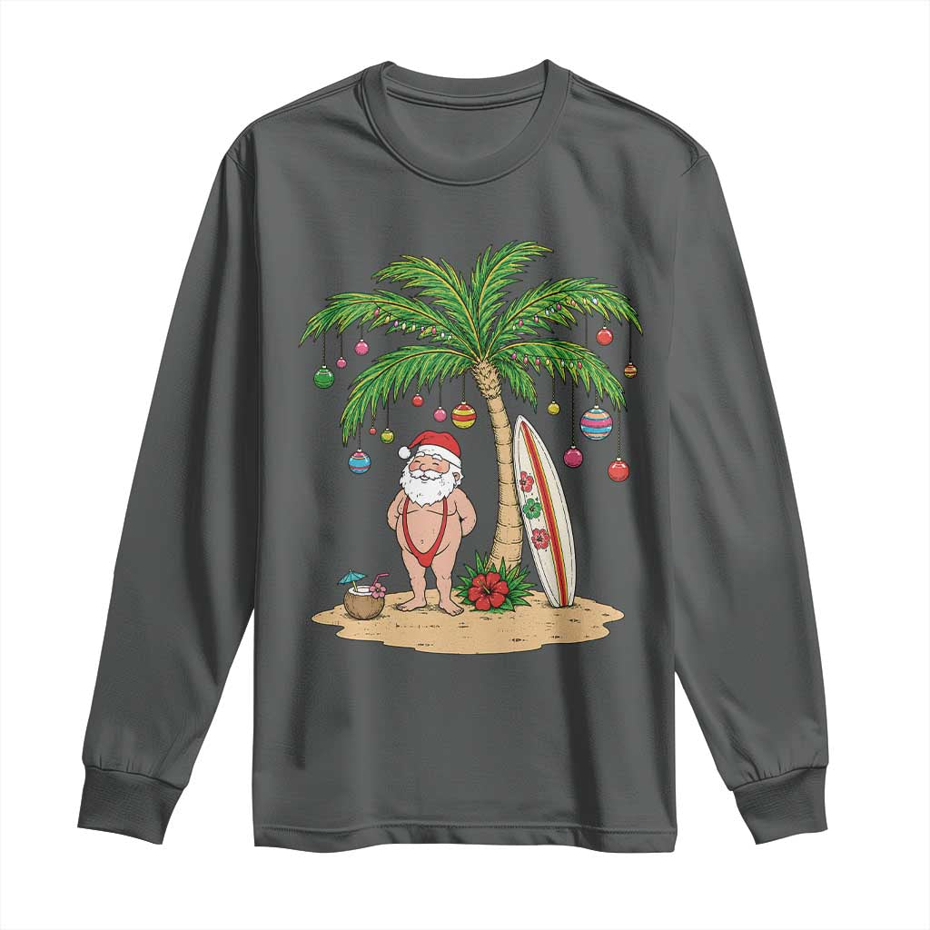 Funny Christmas In July Beach Long Sleeve Shirt Mankini Santa Summer Swimsuit Summer Holiday Vacation Graphic TS10 Dark Heather Print Your Wear