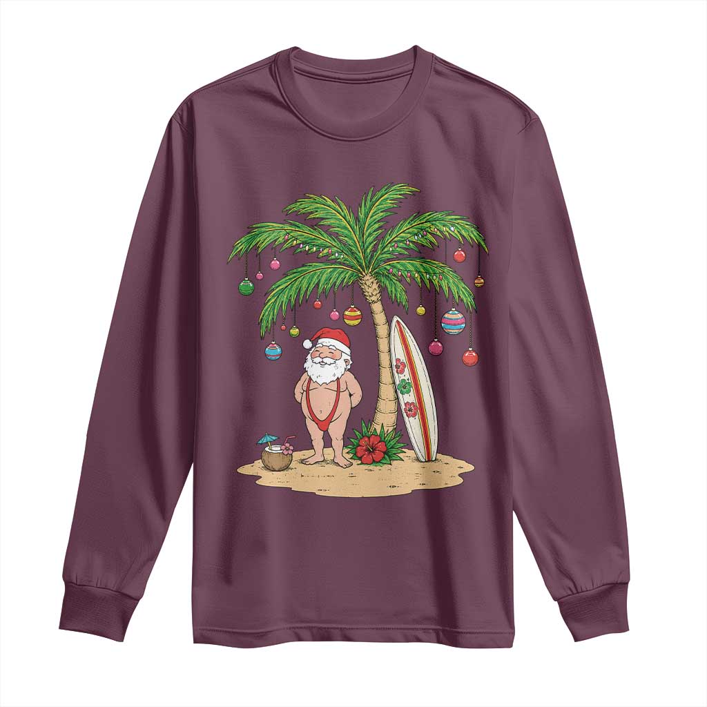 Funny Christmas In July Beach Long Sleeve Shirt Mankini Santa Summer Swimsuit Summer Holiday Vacation Graphic TS10 Maroon Print Your Wear