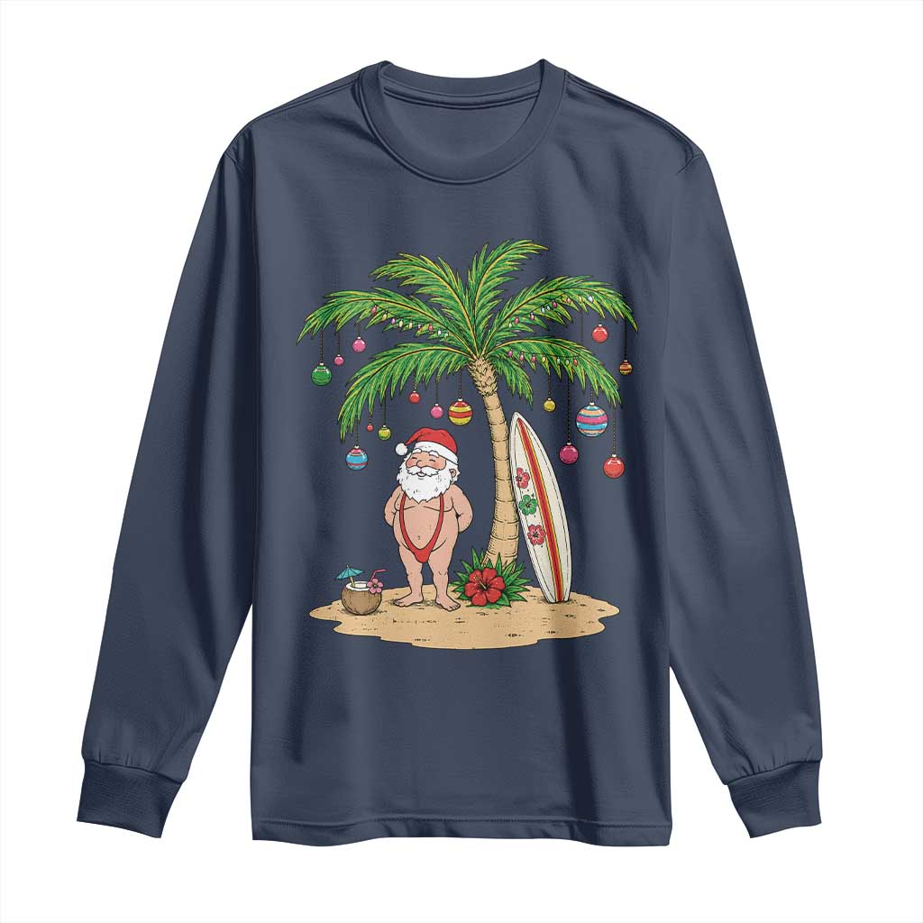 Funny Christmas In July Beach Long Sleeve Shirt Mankini Santa Summer Swimsuit Summer Holiday Vacation Graphic TS10 Navy Print Your Wear