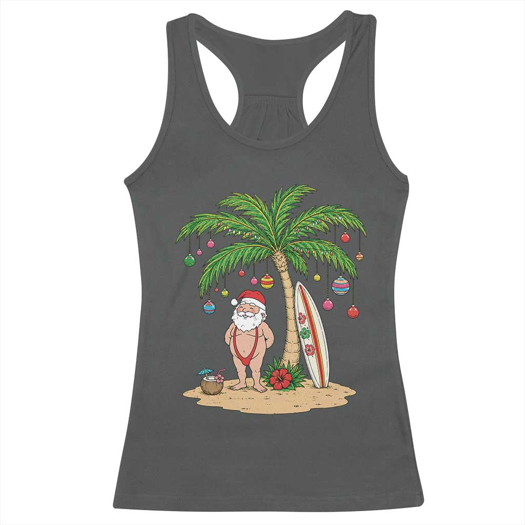 Funny Christmas In July Beach Racerback Tank Top Mankini Santa Summer Swimsuit Summer Holiday Vacation Graphic TS10 Dark Heather Print Your Wear
