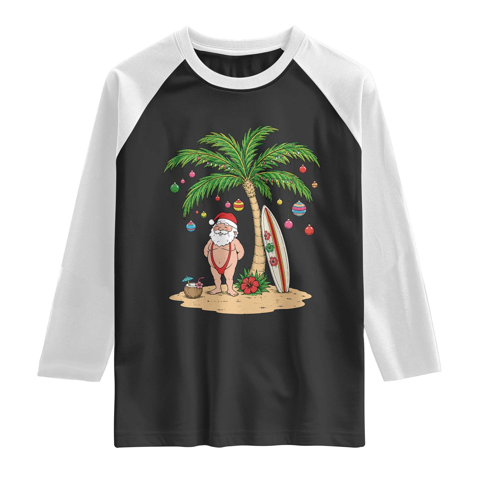 Funny Christmas In July Beach Raglan Shirt Mankini Santa Summer Swimsuit Summer Holiday Vacation Graphic TS10 Black White Print Your Wear