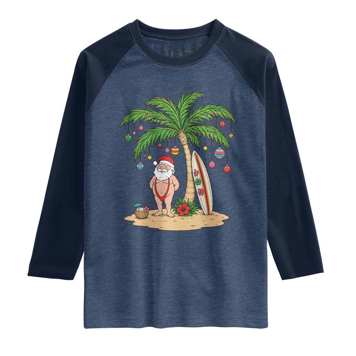 Funny Christmas In July Beach Raglan Shirt Mankini Santa Summer Swimsuit Summer Holiday Vacation Graphic TS10 Heather Denim Navy Print Your Wear