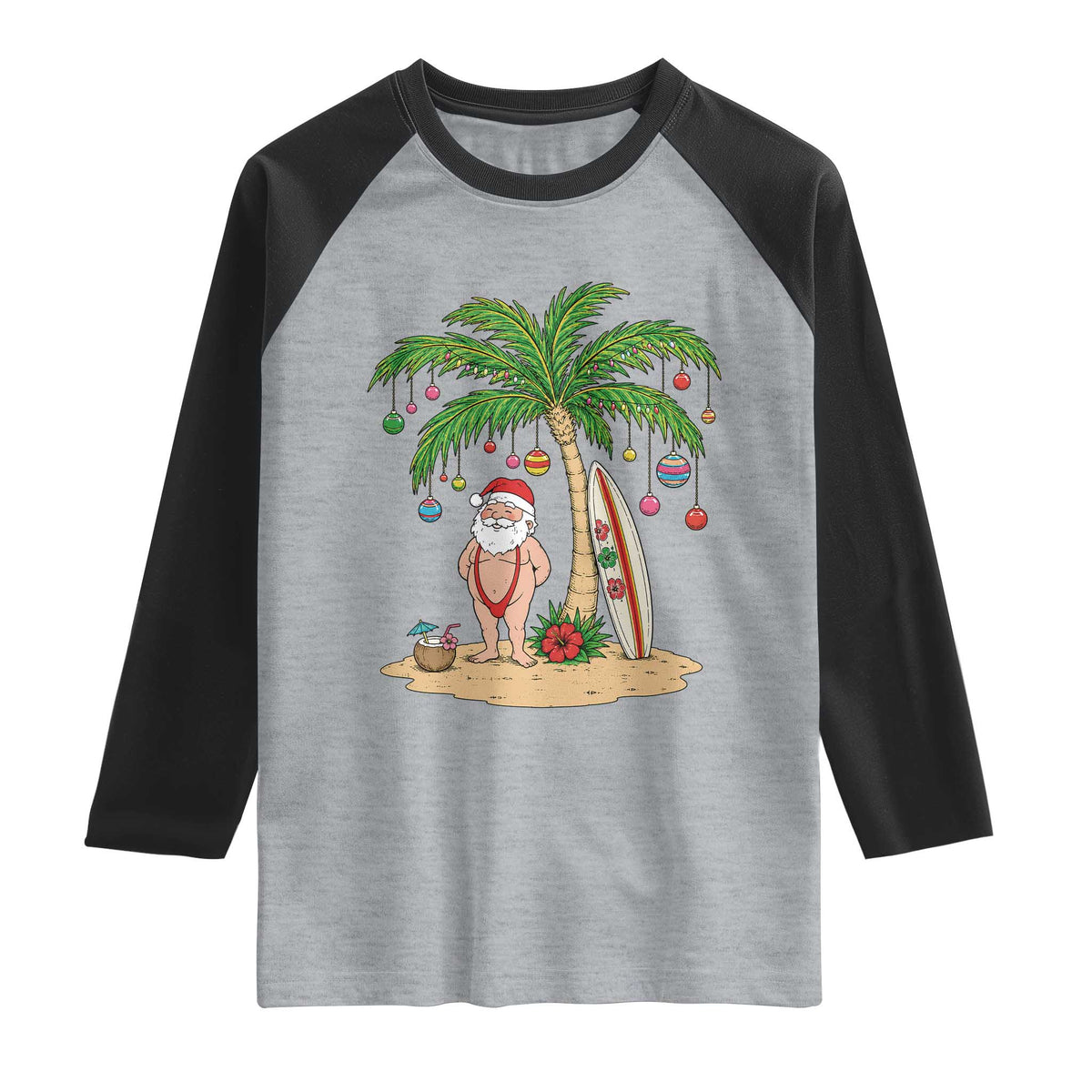 Funny Christmas In July Beach Raglan Shirt Mankini Santa Summer Swimsuit Summer Holiday Vacation Graphic TS10 Heather Gray Black Print Your Wear