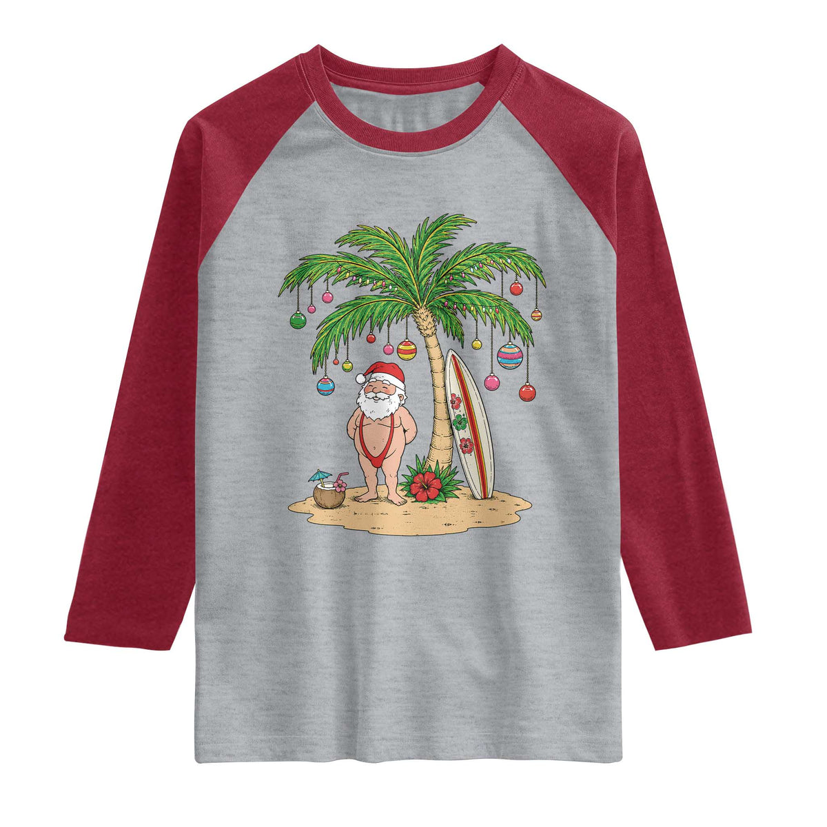 Funny Christmas In July Beach Raglan Shirt Mankini Santa Summer Swimsuit Summer Holiday Vacation Graphic TS10 Heather Gray Heather Red Print Your Wear