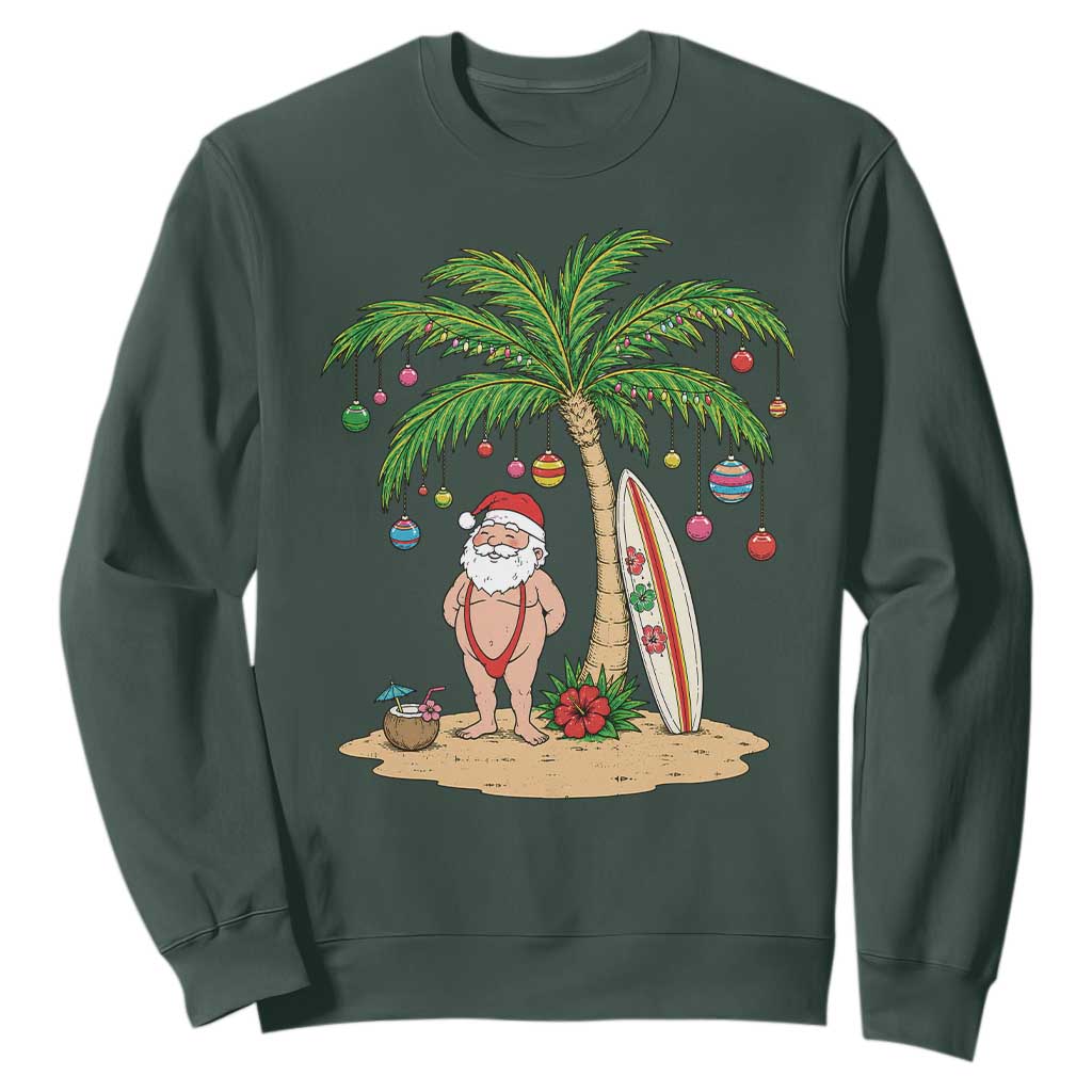 Funny Christmas In July Beach Sweatshirt Mankini Santa Summer Swimsuit Summer Holiday Vacation Graphic TS10 Dark Forest Green Print Your Wear
