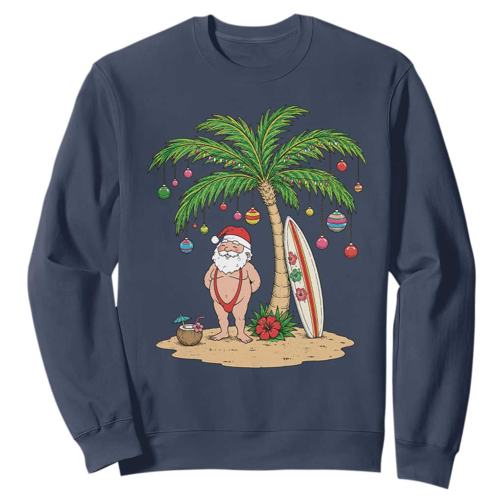 Funny Christmas In July Beach Sweatshirt Mankini Santa Summer Swimsuit Summer Holiday Vacation Graphic TS10 Navy Print Your Wear