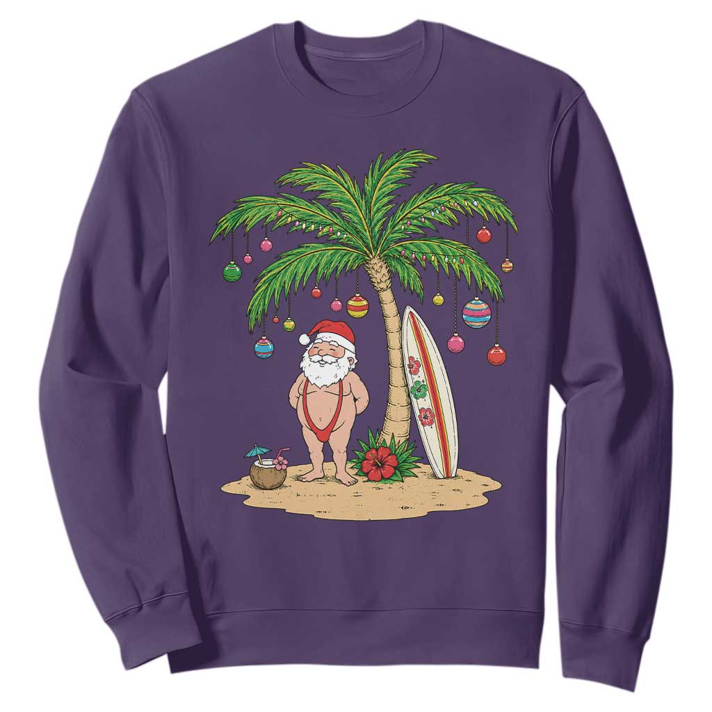 Funny Christmas In July Beach Sweatshirt Mankini Santa Summer Swimsuit Summer Holiday Vacation Graphic TS10 Purple Print Your Wear