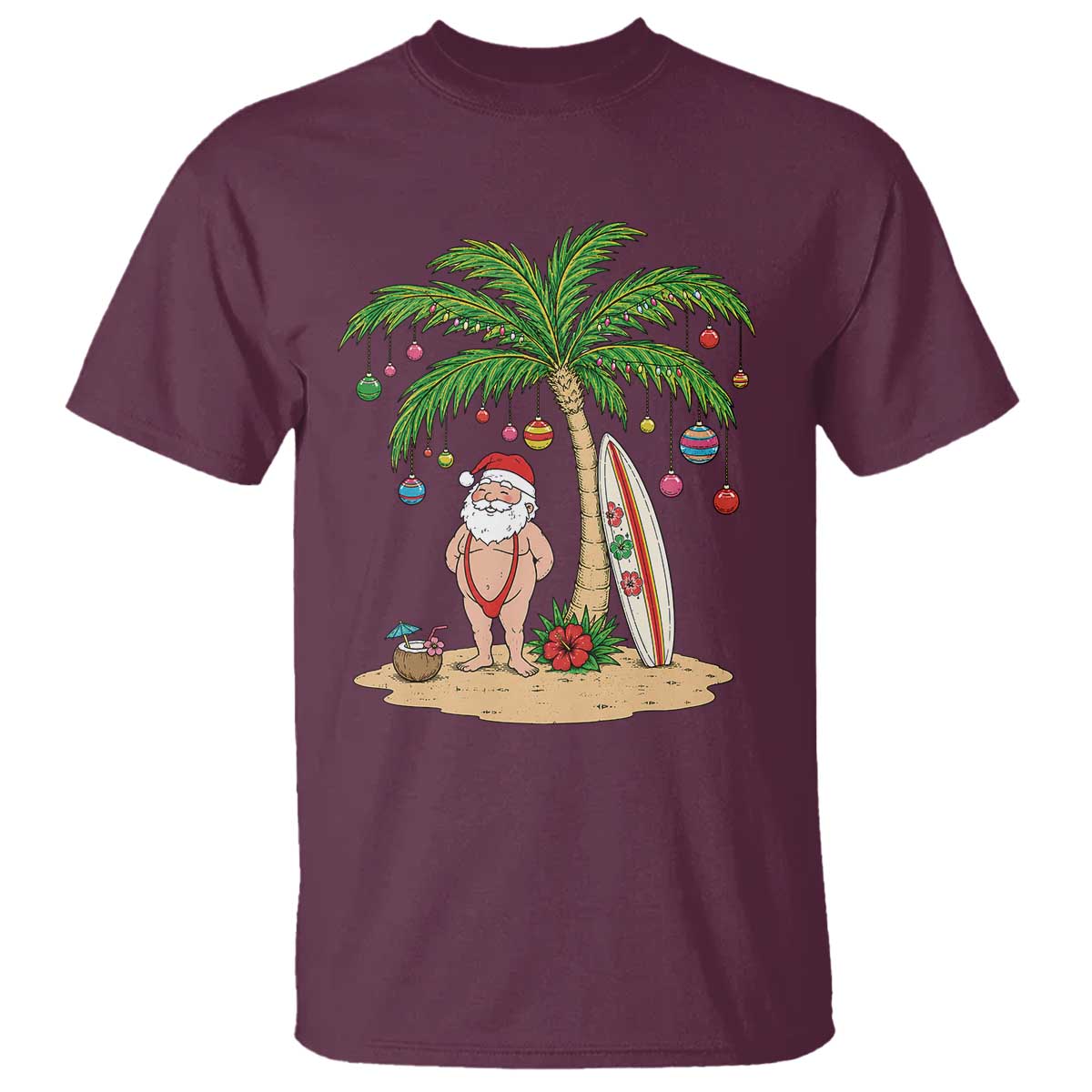 Funny Christmas In July Beach T Shirt Mankini Santa Summer Swimsuit Summer Holiday Vacation Graphic TS10 Maroon Print Your Wear