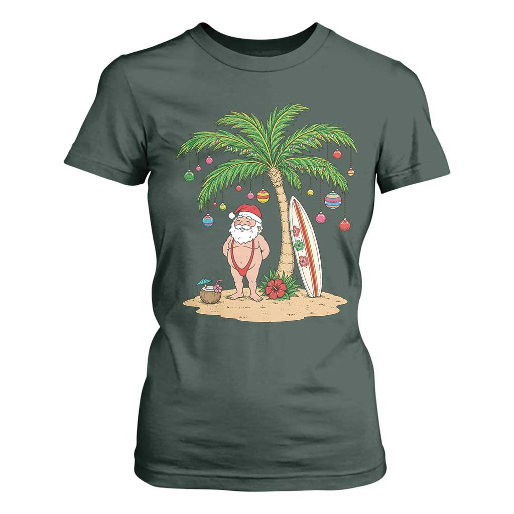 Funny Christmas In July Beach T Shirt For Women Mankini Santa Summer Swimsuit Summer Holiday Vacation Graphic TS10 Dark Forest Green Print Your Wear