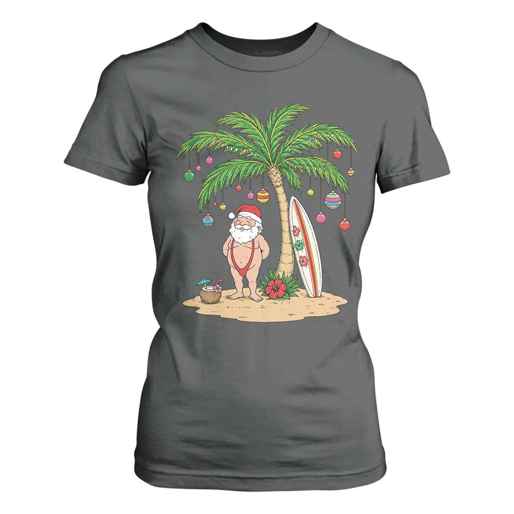 Funny Christmas In July Beach T Shirt For Women Mankini Santa Summer Swimsuit Summer Holiday Vacation Graphic TS10 Dark Heather Print Your Wear