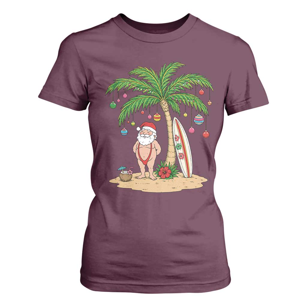 Funny Christmas In July Beach T Shirt For Women Mankini Santa Summer Swimsuit Summer Holiday Vacation Graphic TS10 Maroon Print Your Wear