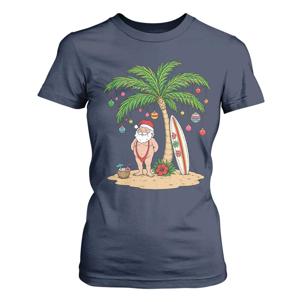 Funny Christmas In July Beach T Shirt For Women Mankini Santa Summer Swimsuit Summer Holiday Vacation Graphic TS10 Navy Print Your Wear