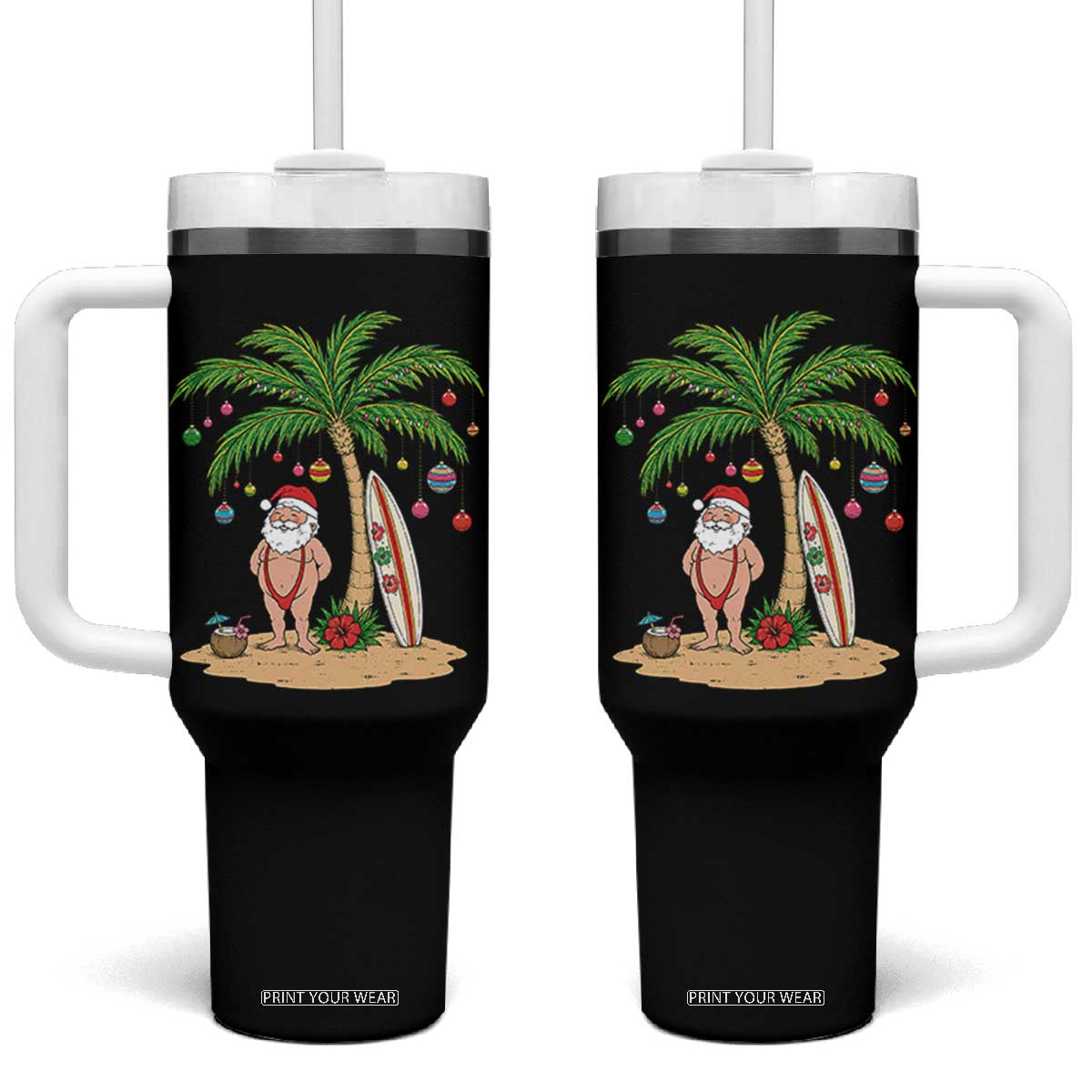 Funny Christmas In July Beach Tumbler With Handle Mankini Santa Summer Swimsuit Summer Holiday Vacation Graphic TS10 One Size: 40 oz Black Print Your Wear