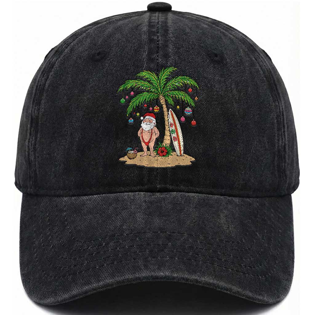 Funny Christmas In July Beach Washed Cotton Baseball Cap Mankini Santa Summer Swimsuit Summer Holiday Vacation Graphic TS10 Print Your Wear
