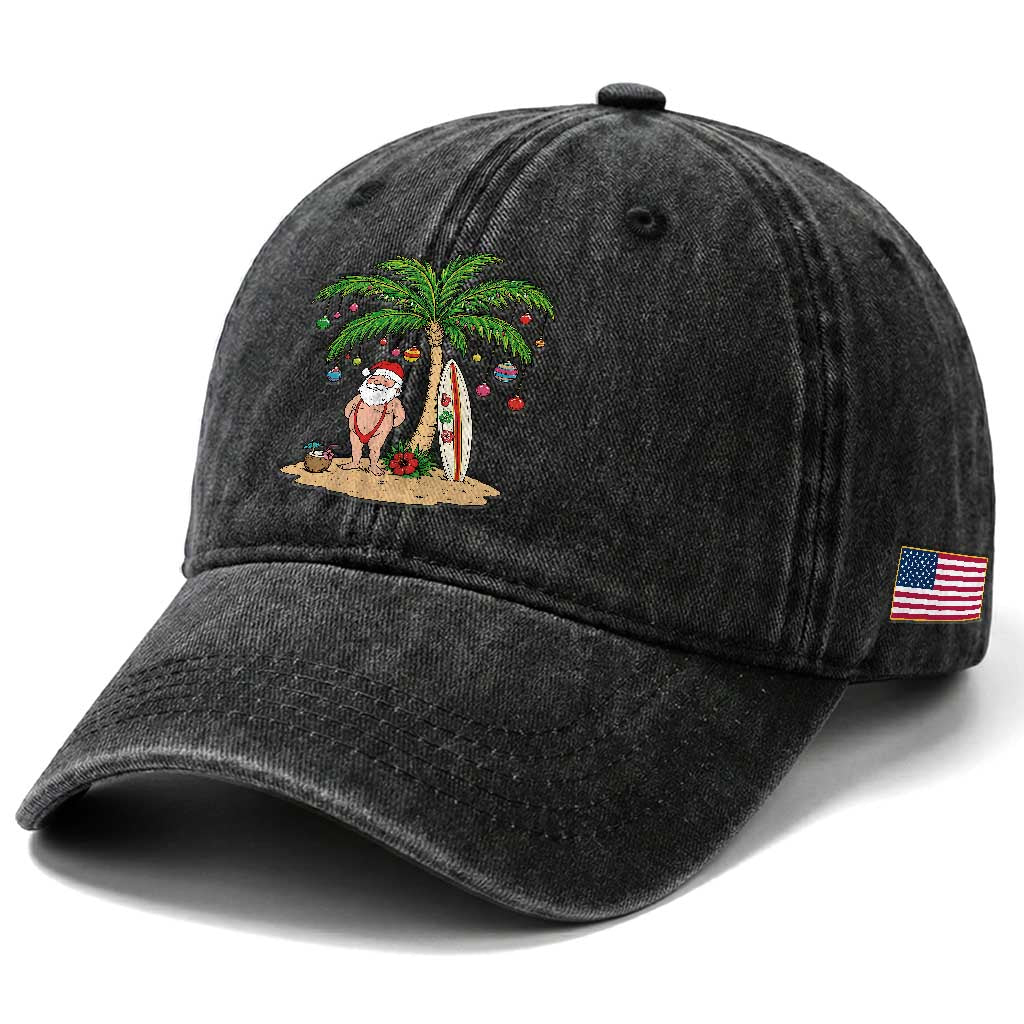 Funny Christmas In July Beach Washed Cotton Baseball Cap Mankini Santa Summer Swimsuit Summer Holiday Vacation Graphic TS10 Print Your Wear