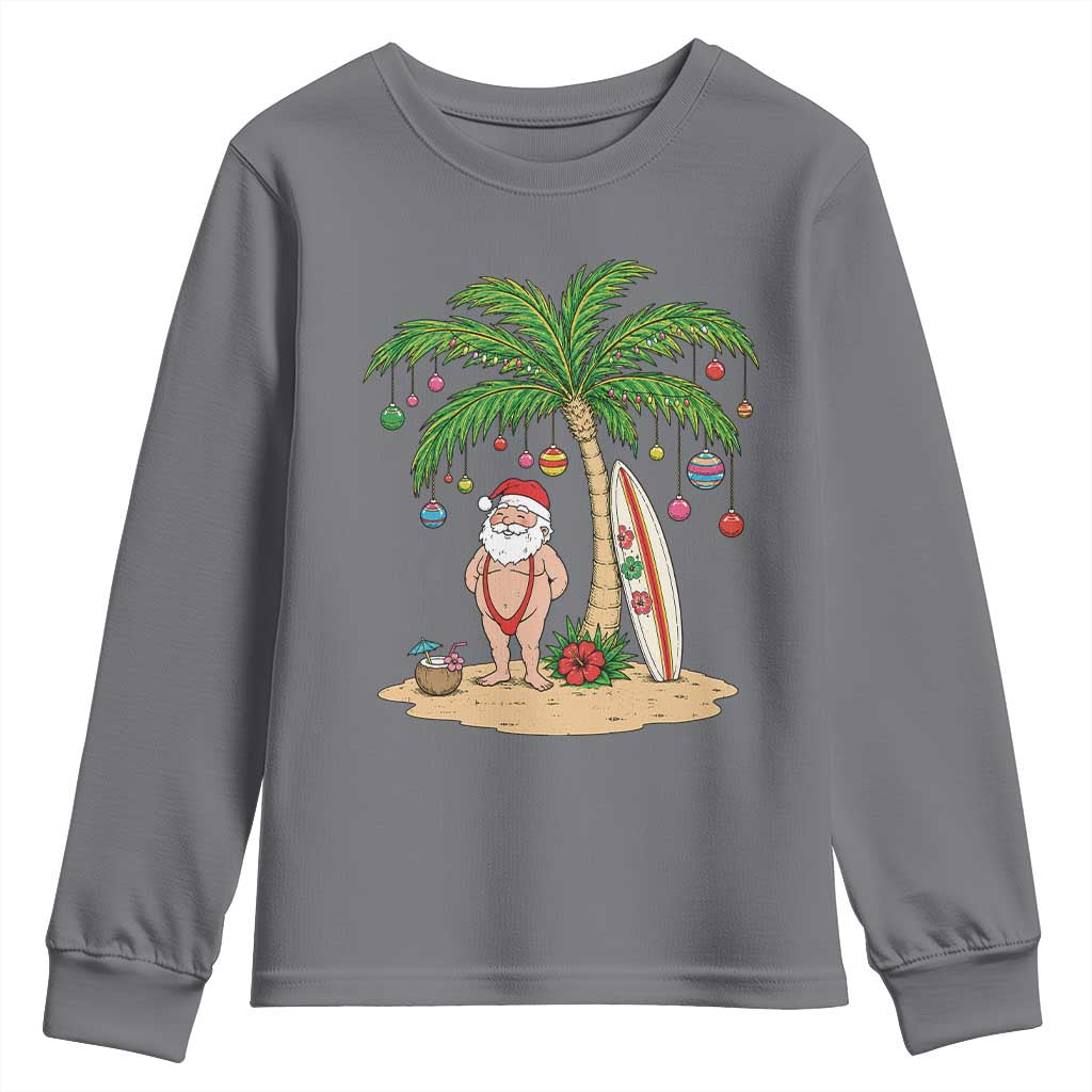 Funny Christmas In July Beach Youth Sweatshirt Mankini Santa Summer Swimsuit Summer Holiday Vacation Graphic TS10 Charcoal Print Your Wear