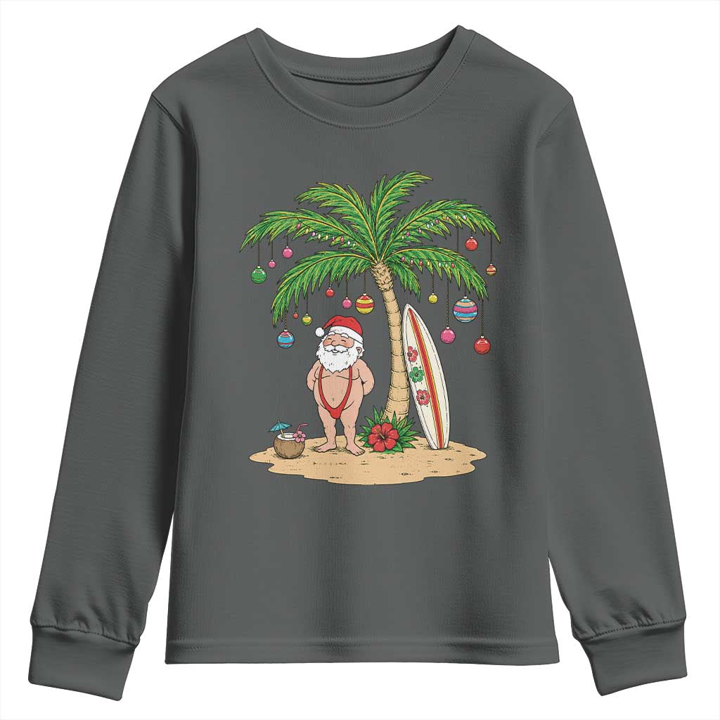 Funny Christmas In July Beach Youth Sweatshirt Mankini Santa Summer Swimsuit Summer Holiday Vacation Graphic TS10 Dark Heather Print Your Wear