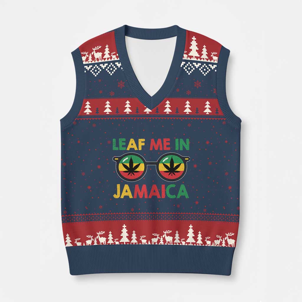 Leaf Me In Jamaica V-Neck Knit Sweater Vest Funny Weed Stoner Marijuana Jamaican Rasta Reggae TS10 Navy Red Print Your Wear