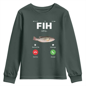 Fih Calling Remind me Message Decline Accept Youth Sweatshirt Phone Call Fish TS10 Dark Forest Green Print Your Wear