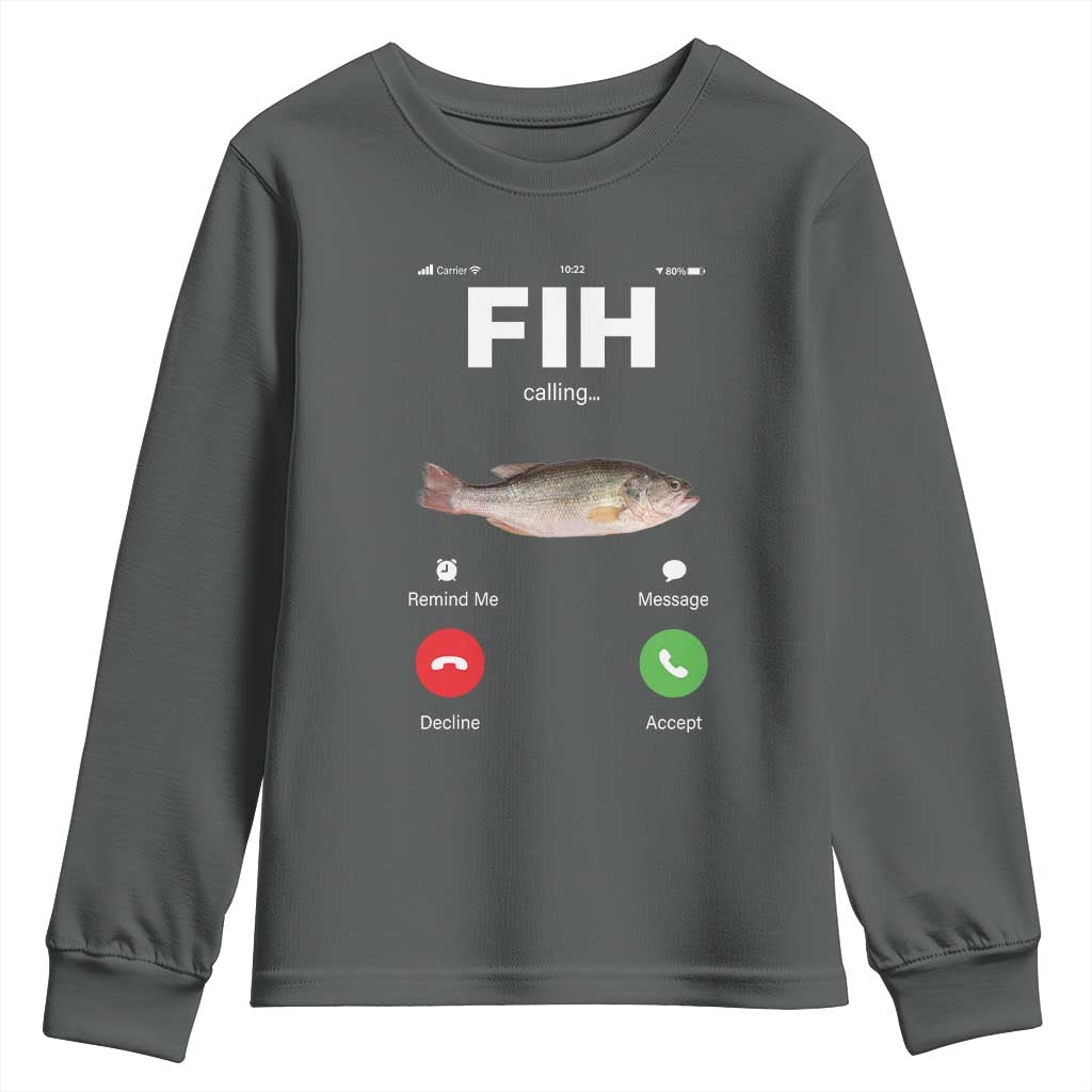 Fih Calling Remind me Message Decline Accept Youth Sweatshirt Phone Call Fish TS10 Dark Heather Print Your Wear