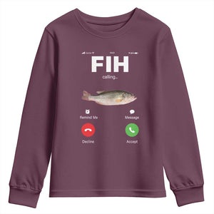 Fih Calling Remind me Message Decline Accept Youth Sweatshirt Phone Call Fish TS10 Maroon Print Your Wear