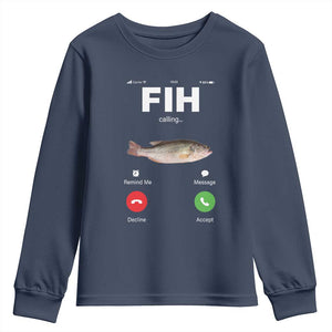 Fih Calling Remind me Message Decline Accept Youth Sweatshirt Phone Call Fish TS10 Navy Print Your Wear