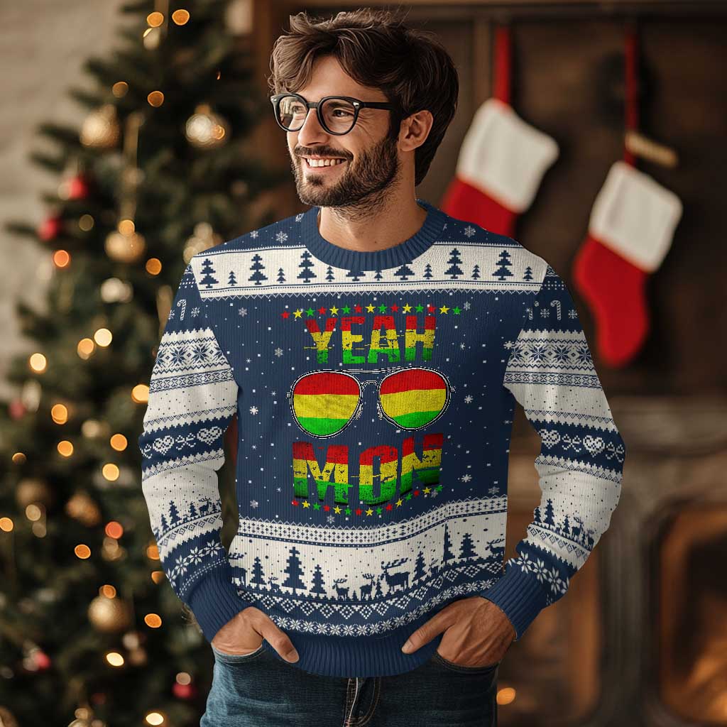 Yeah Mon Jamaican Pride Ugly Christmas Sweater Jamaican Vacation Jamaica Reggae Sunglasses TS10 Navy Beige Print Your Wear