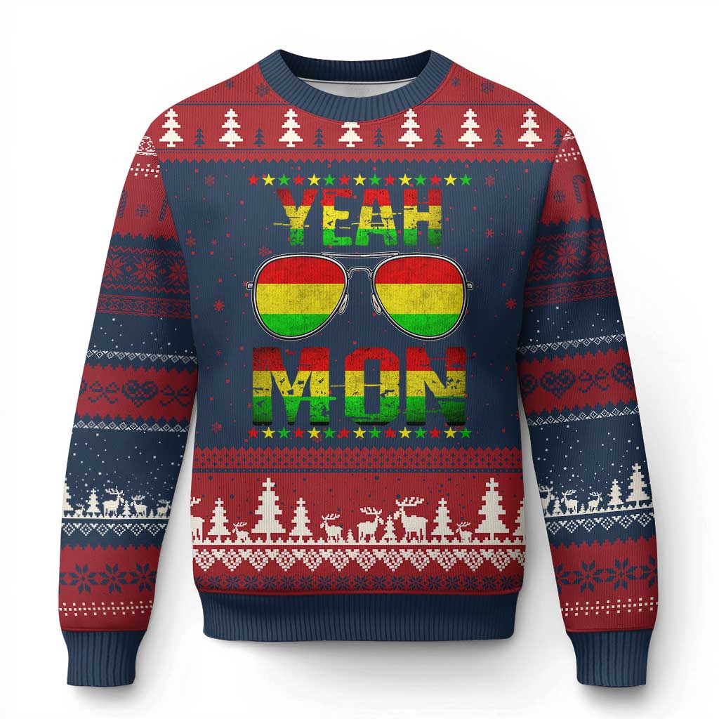 Yeah Mon Jamaican Pride Ugly Christmas Sweater Jamaican Vacation Jamaica Reggae Sunglasses TS10 Navy Red Print Your Wear