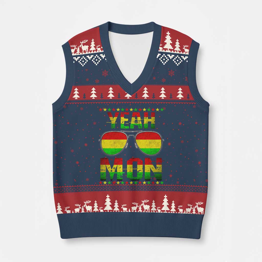 Yeah Mon Jamaican Pride V-Neck Knit Sweater Vest Jamaican Vacation Jamaica Reggae Sunglasses TS10 Navy Red Print Your Wear
