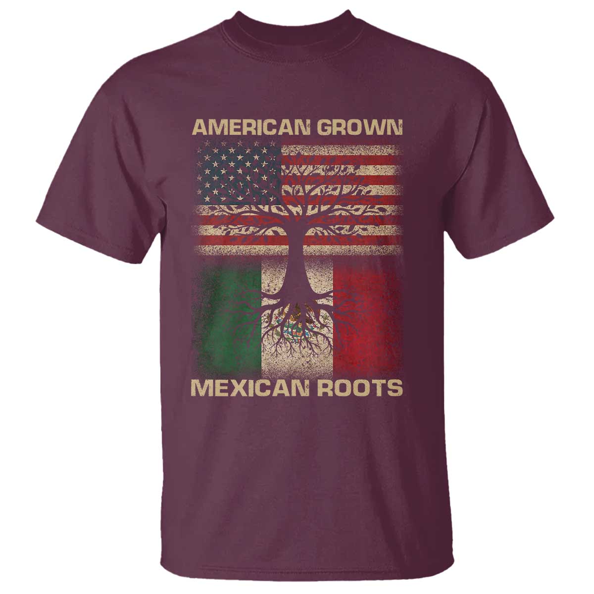 American Grown Mexican Roots T Shirt Retro Mexico America Flag TS10 Maroon Print Your Wear