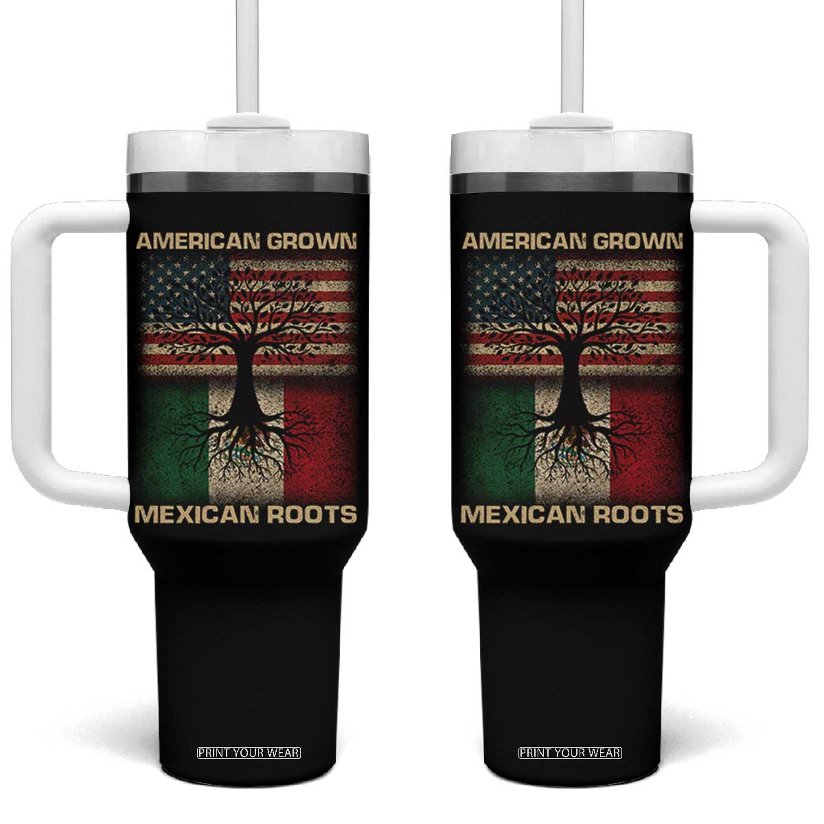 American Grown Mexican Roots Tumbler With Handle Retro Mexico America Flag TS10 One Size: 40 oz Black Print Your Wear