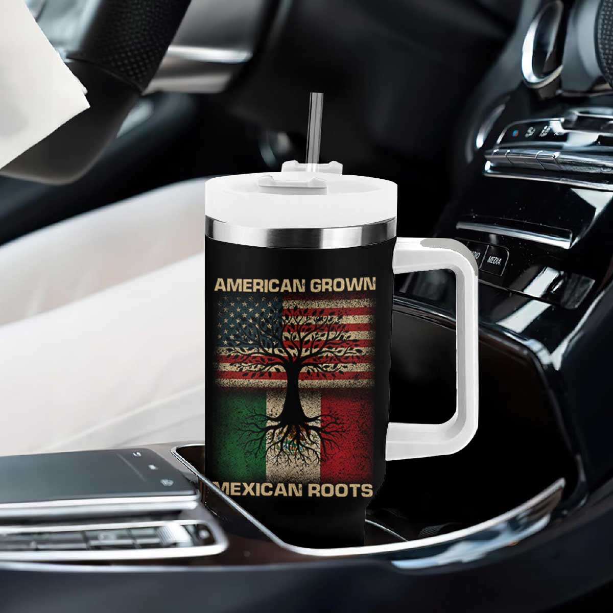 American Grown Mexican Roots Tumbler With Handle Retro Mexico America Flag TS10 Print Your Wear