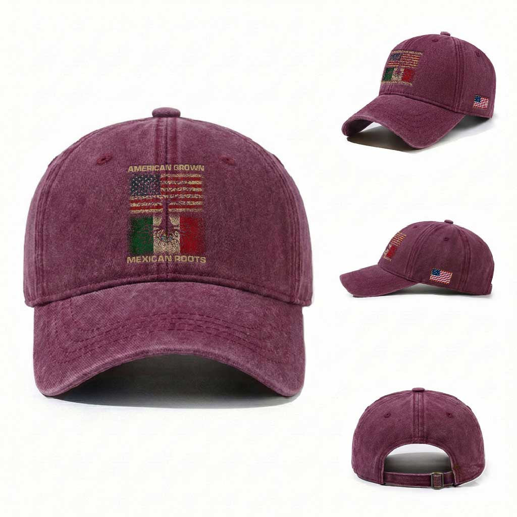 American Grown Mexican Roots Washed Cotton Baseball Cap Retro Mexico America Flag TS10 Washed Cap Universal Fit Burgundy Print Your Wear