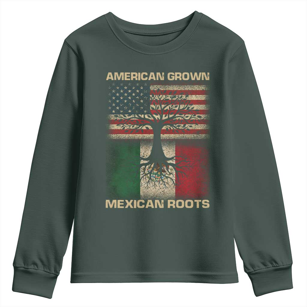 American Grown Mexican Roots Youth Sweatshirt Retro Mexico America Flag TS10 Dark Forest Green Print Your Wear