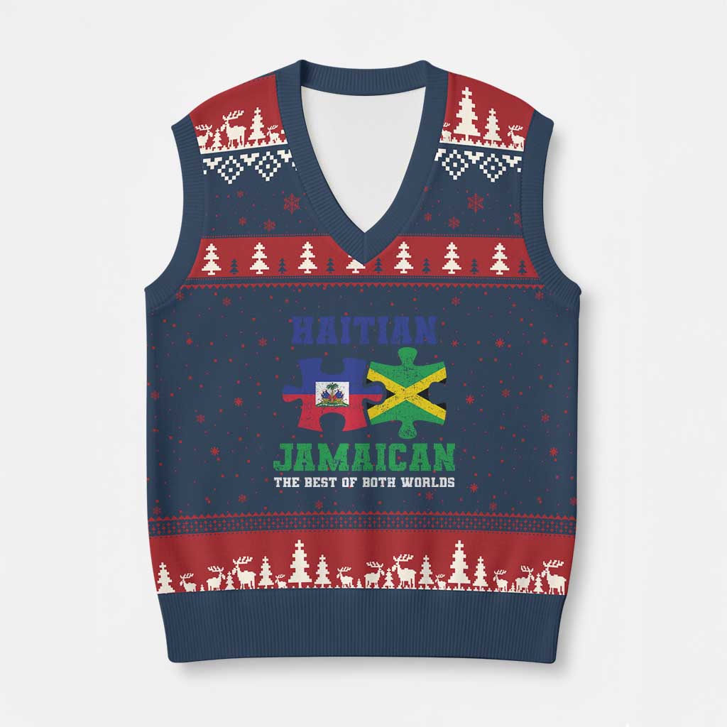 Haitian Jamaican Roots V-Neck Knit Sweater Vest Haiti Jamaica Combo Puzzle TS10 Navy Red Print Your Wear
