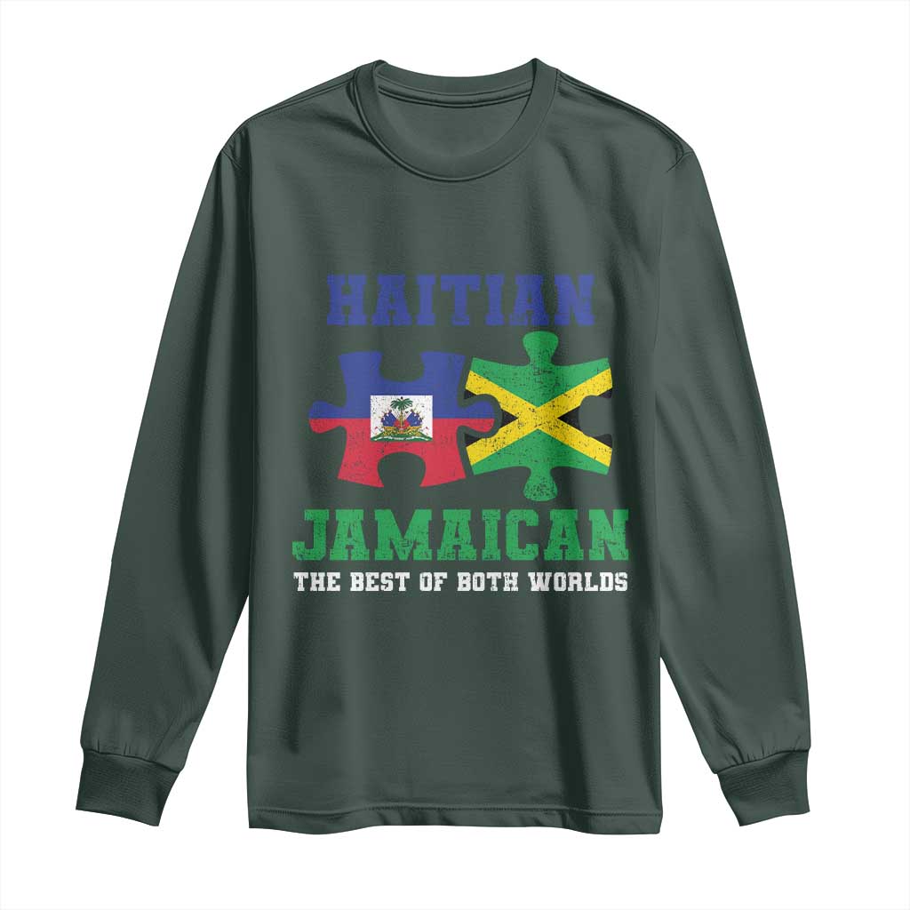 Haitian Jamaican Roots Long Sleeve Shirt Haiti Jamaica Combo Puzzle TS10 Dark Forest Green Print Your Wear