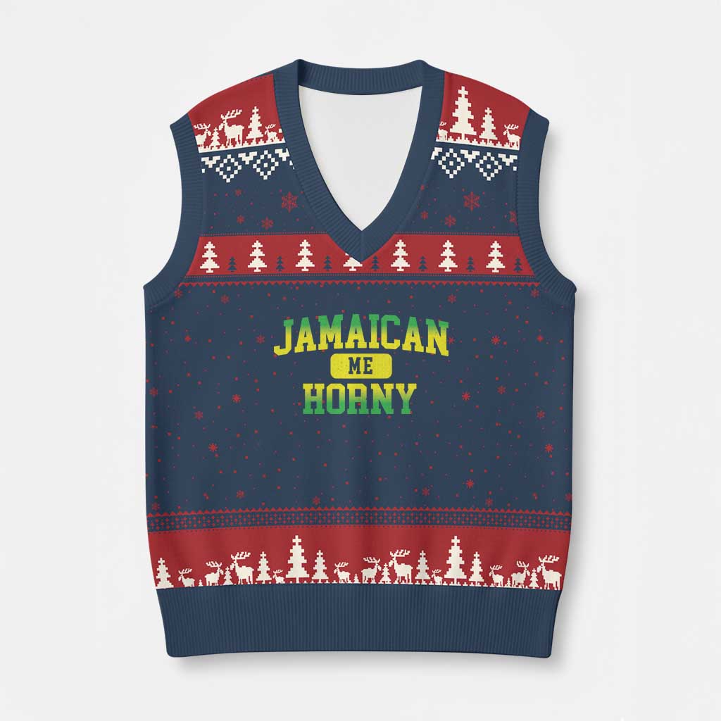 Jamaican Me Horny V-Neck Knit Sweater Vest Funny Caribbean Party TS10 Navy Red Print Your Wear