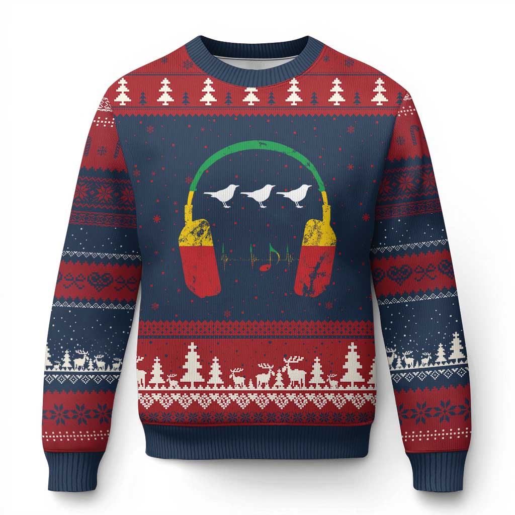 Little Birds Ugly Christmas Sweater Rastafari Rasta Reggae Music Headphones Jamaican Pride TS10 Navy Red Print Your Wear