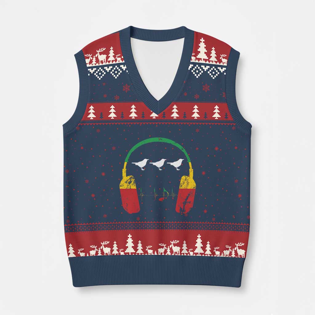 Little Birds V-Neck Knit Sweater Vest Rastafari Rasta Reggae Music Headphones Jamaican Pride TS10 Navy Red Print Your Wear