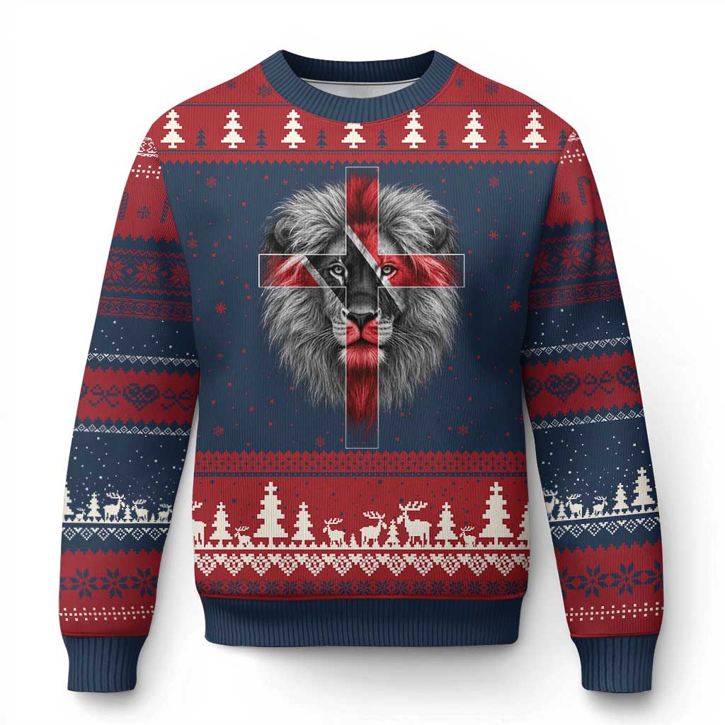 Lion of Judah Cross Trinidadian Flag Ugly Christmas Sweater Christian Faith Trini Trinidad And Tobago Pride TS10 Navy Red Print Your Wear