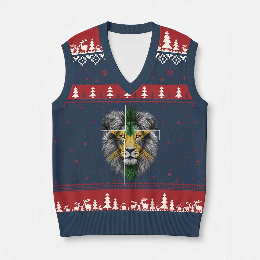 Lion of Judah Cross Jamaica Flag V-Neck Knit Sweater Vest Christian Faith Jamaican Pride