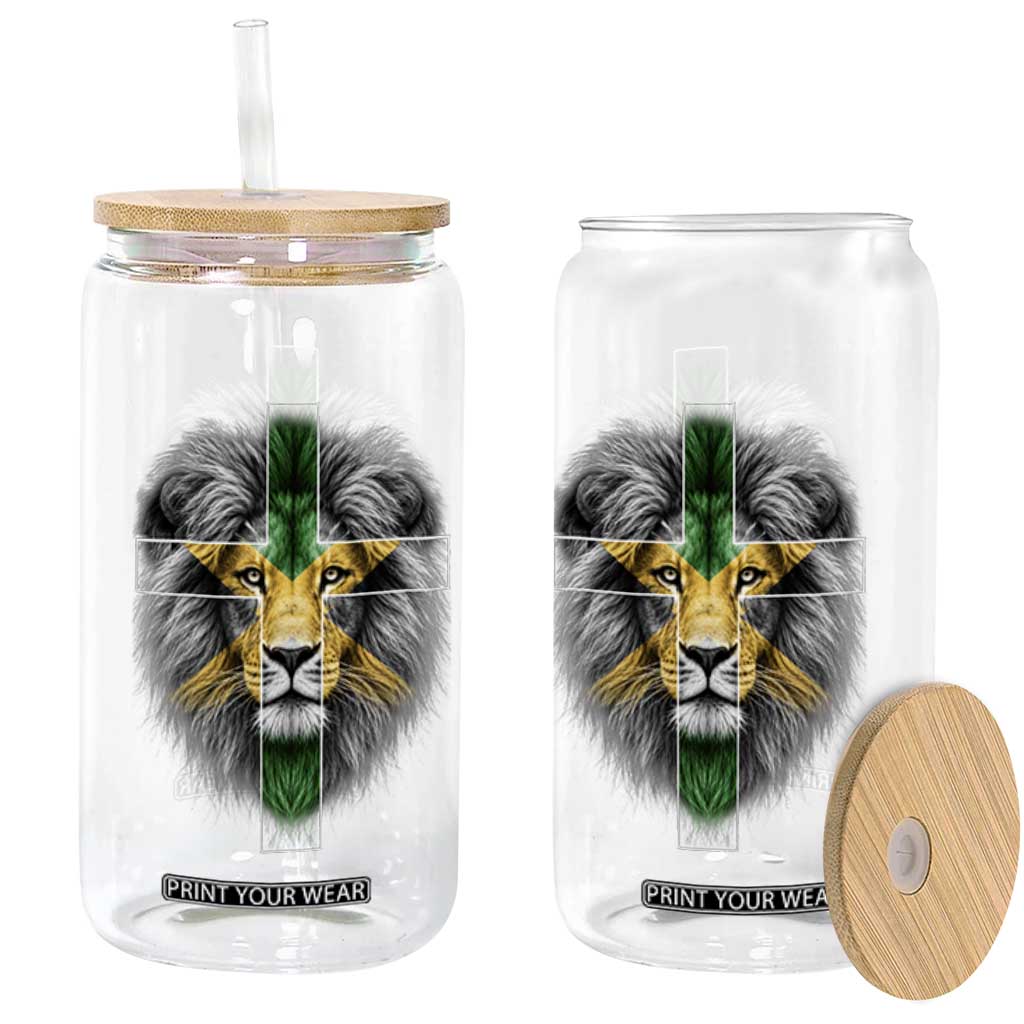 Lion of Judah Cross Jamaica Flag Glass Can Christian Faith Jamaican Pride