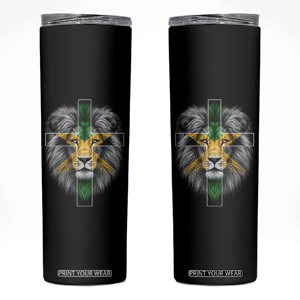 Lion of Judah Cross Jamaica Flag Skinny Tumbler Christian Faith Jamaican Pride