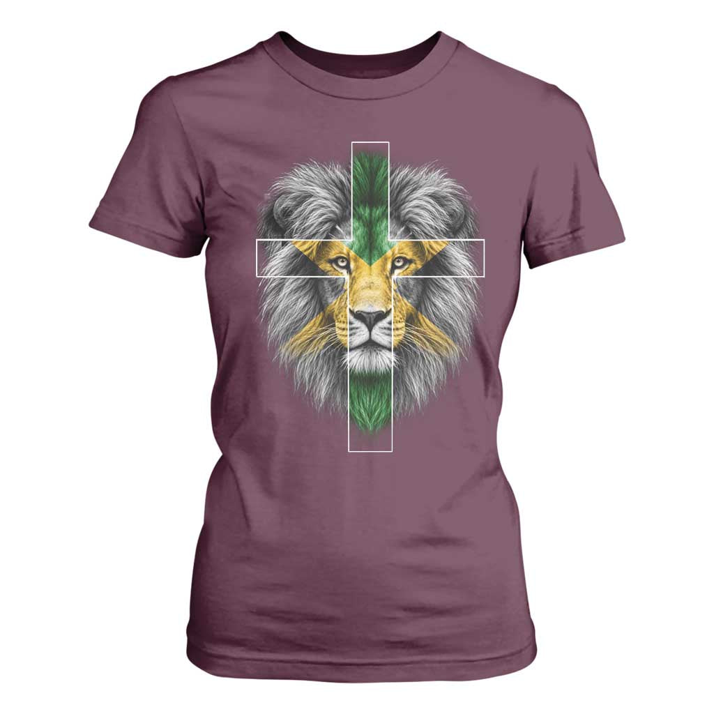 Lion of Judah Cross Jamaica Flag T Shirt For Women Christian Faith Jamaican Pride