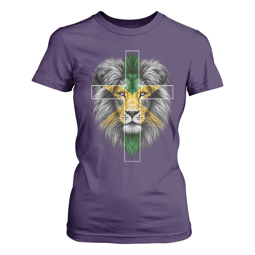 Lion of Judah Cross Jamaica Flag T Shirt For Women Christian Faith Jamaican Pride