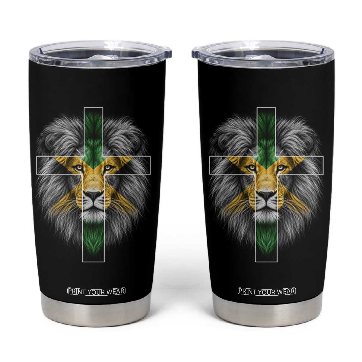 Lion of Judah Cross Jamaica Flag Tumbler Cup Christian Faith Jamaican Pride