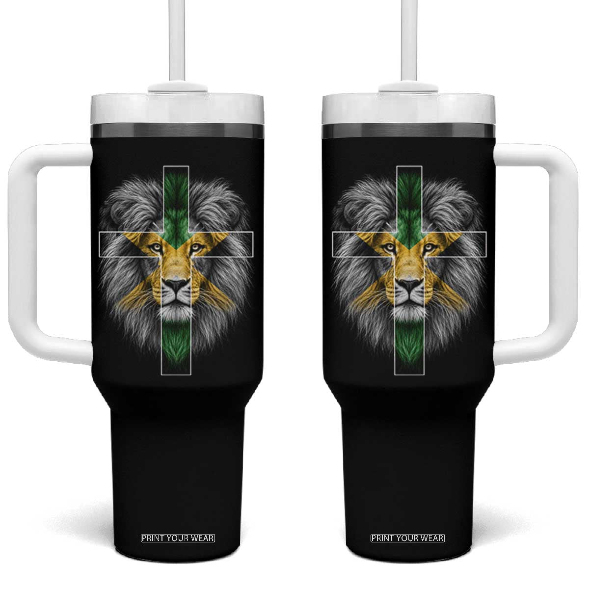 Lion of Judah Cross Jamaica Flag Tumbler With Handle Christian Faith Jamaican Pride