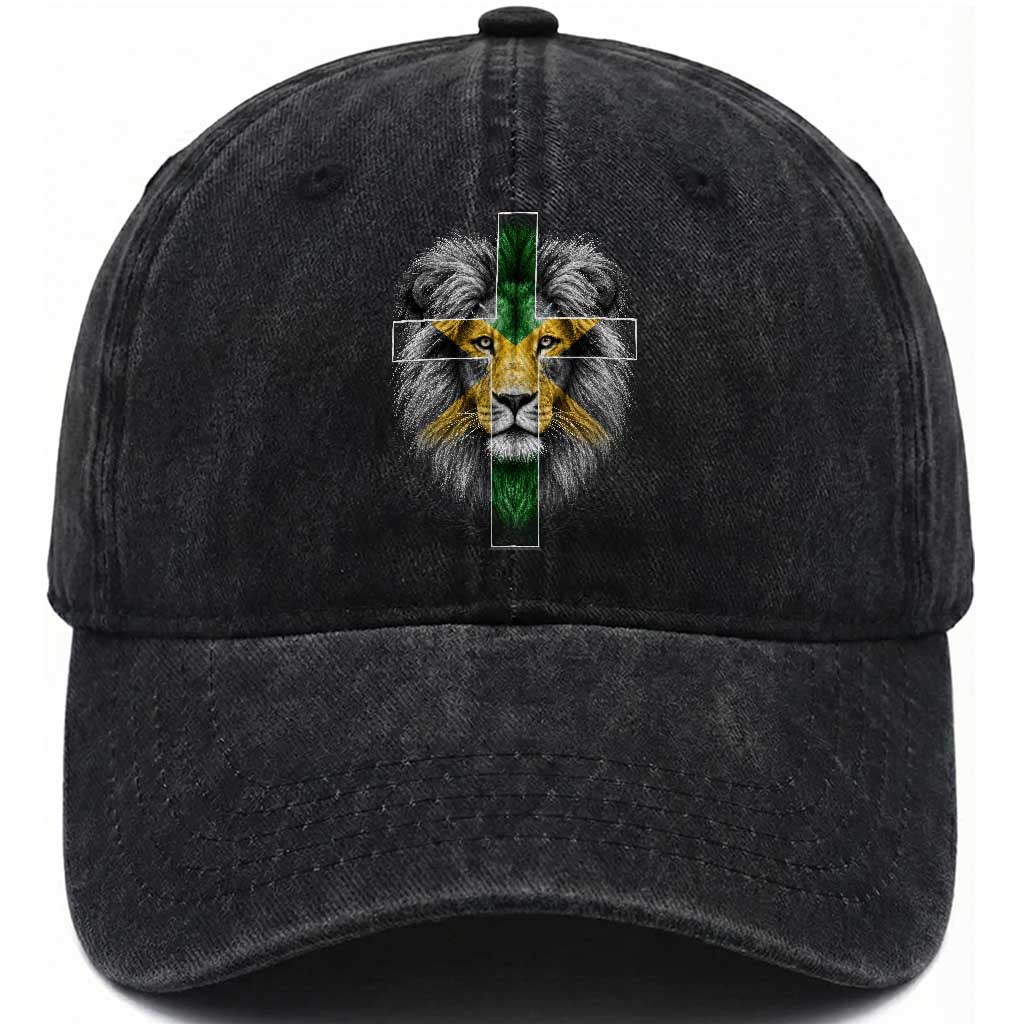 Lion of Judah Cross Jamaica Flag Washed Cotton Baseball Cap Christian Faith Jamaican Pride